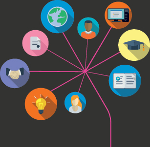 connected circles, integrated flat icons. Growth flower concept with mortar board, computer, technology, light bulb, certificate shaking hands icon