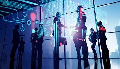 Reflection of a silhouettes in the office on digital display. Business illustration.